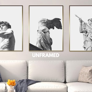 Greek Sculptures, Statue from Roman Empire, Black and White, Classical Art, Michelangelo's David, Nike, Triptych, Set of 3