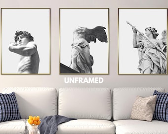 Greek Sculpture Poster Print Set of 3: Michelangelo&#39;s David, Nike, Roman Art Triptych