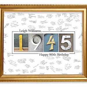 Year 1945, 80th Birthday Guestbook Sign, Personalized Birthday Gift Print, Memory Keepsake Signature Poster, Guestbook Alternative