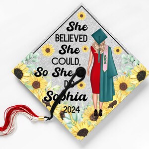 She Believed She Could So She Did, Custom Graduation Cap Topper, Personalized, Sunflower, Grad Cap Sticker, Grad Gift, Class of 2025