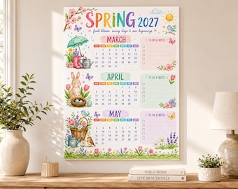 Spring 2027 Watercolor Calendar Poster, March-May Wall Planner