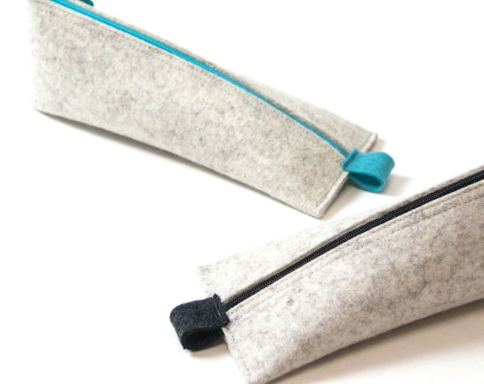 Pencil case, pouch made of wool felt, white melange, 16 zipper colors