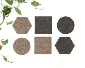 Felt coasters, set of 6, double-sided, two-tone, geometric shapes