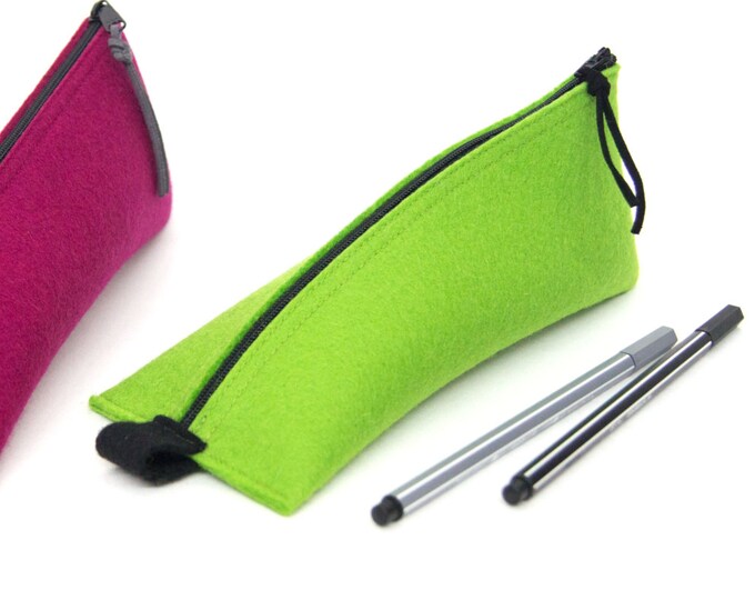 Pencil case, pouch made of wool felt, green, pink