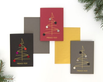 Christmas card, set of 3, geometric tree with baubles, MERRY CHRISTMAS