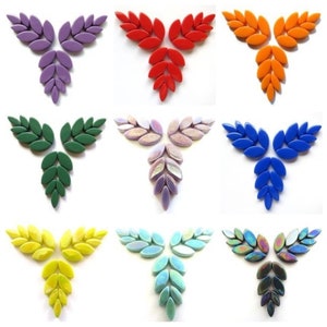 May include: Nine sets of mosaic tiles in various colours, including purple, red, green, light purple, blue, yellow, light blue, and black. Each set is arranged in a triangular shape, resembling a cluster of leaves.