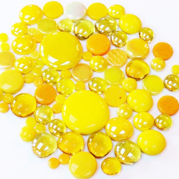 200g Round Mix of Glass Pebbles & Mosaic Tiles - Yellow