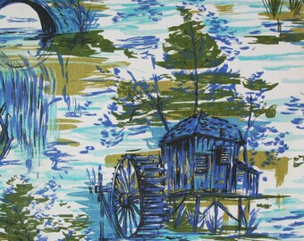 vintage 1950s watermill landscape print cotton interiors fabric length