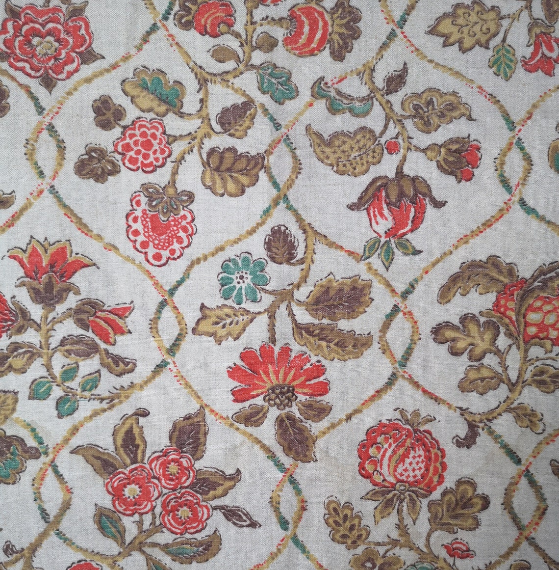 Vintage 1940s Jacobean floral print natural linen fabric Etsy