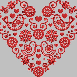 May include: Red embroidered heart design with two birds, flowers, and swirls. The design is perfect for Valentine's Day or any occasion.