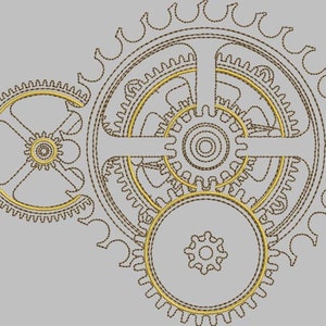 Könnte beinhalten: Ein Satz ineinandergreifender Zahnräder in einem kreisförmigen Muster. Die Zahnräder sind in Braun umrandet und mit Gold gefüllt. Der Hintergrund ist hellgrau.