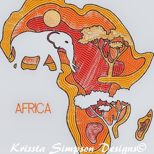 Abstract African continent with elephant in sunset machine embroidery design /tribal art/quilting block/red work/one-line art