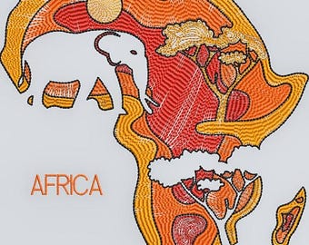 May include: An embroidered design of the continent of Africa in orange, red, and yellow thread. The design includes a white elephant, a tree, and the word "AFRICA".