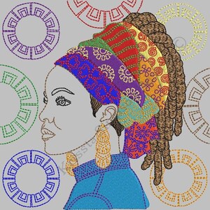 May include: A colorful illustration of a woman with braided hair wearing a patterned head wrap and large gold earrings. The background features a repeating pattern of circles.
