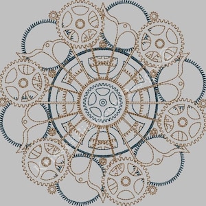 May include: A circular design featuring a series of interlocking gears in shades of brown and blue. The gears are arranged in a symmetrical pattern, creating a visually intricate and complex design.