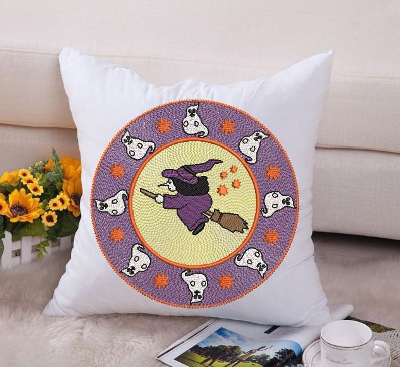 Halloween Mandala circle with Whitch and ghosts machine embroidery design image 2