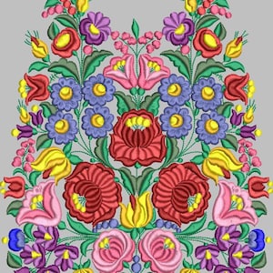Puede incluir: Un vibrante diseño de bordado floral con una disposición simétrica de flores coloridas. El diseño incluye flores rojas, rosas, moradas, amarillas y azules con hojas y tallos verdes, sobre un fondo gris. El bordado es detallado e intrincado.