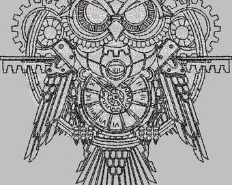 Diseño de bordado a máquina con mecanismo de búho estilo steampunk 02/bloque de acolchado/trabajo en rojo/arte de una línea/arte steampunk