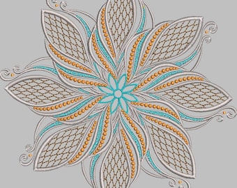 May include: A silver and brown mandala design with a turquoise flower in the center. The design features intricate details and a swirling pattern.