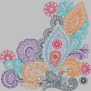 Op de afbeelding: Een kleurrijk paisley-ontwerp met ingewikkelde details in tinten blauw, oranje, paars en roze. Het ontwerp bevat een verscheidenheid aan paisley-vormen en bloemmotieven.