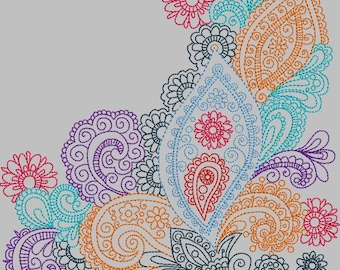 May include: A colorful paisley design with intricate details in shades of blue, orange, purple, and pink. The design features a variety of paisley shapes and floral motifs.