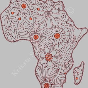 May include: A brown outline of the continent of Africa filled with intricate floral designs. The flowers are white with orange centres.