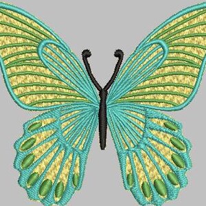 Può includere: Una farfalla blu e verde con strisce gialle sulle ali. La farfalla è ricamata con un design dettagliato.