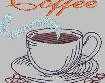 Diseño de bordado a máquina de café recién hecho 06 en 5 tamaños / Amantes del café / Diseño de cafetería / Decoración de cocina / Arte del café