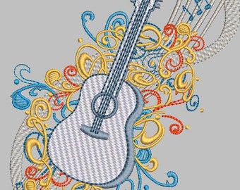 Bohemian style motifs with guitar machine embroidery design in 6 sizes / country music / folk embroidery/ quilting block