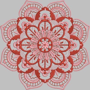 May include: A detailed, symmetrical floral design in shades of pink and red, resembling a mandala. The embroidery features intricate patterns and a central flower, set against a gray background. The design is suitable for various craft projects.