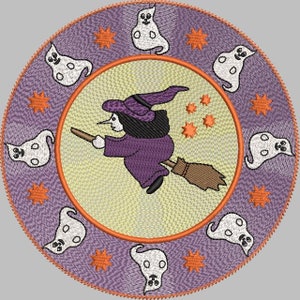 Halloween Mandala circle with Whitch and ghosts machine embroidery design image 1