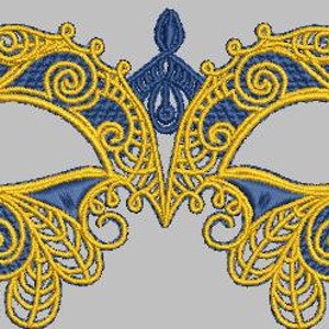Puede incluir: Una máscara de carnaval dorada y azul con detalles intrincados. La máscara está hecha de encaje y tiene un diseño delicado.