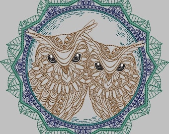 Mandala style circle with Owls 02 redwork machine embroidery design