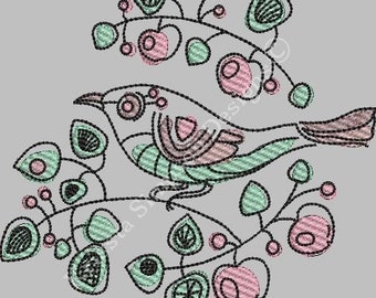 Bird with cherries machine embroidery redwork design