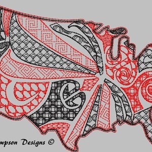 May include: An embroidered design of the United States map, filled with intricate red, black, and white patterns. The design includes geometric shapes, swirls, and stylized elements. The artist's name, "Krissta Simpson Designs," is at the bottom.