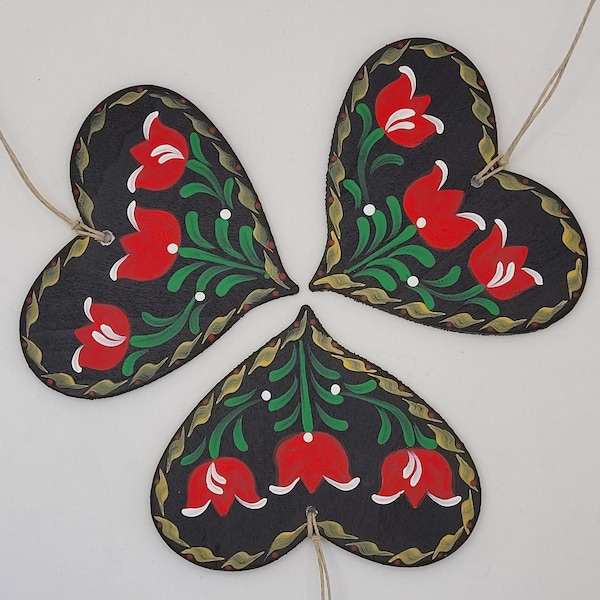 Bavarian Folk Art Ornament Set, German Folk Art, Bauernmalerei, Set Of 3 Hand Painted Heart Shaped Ornaments