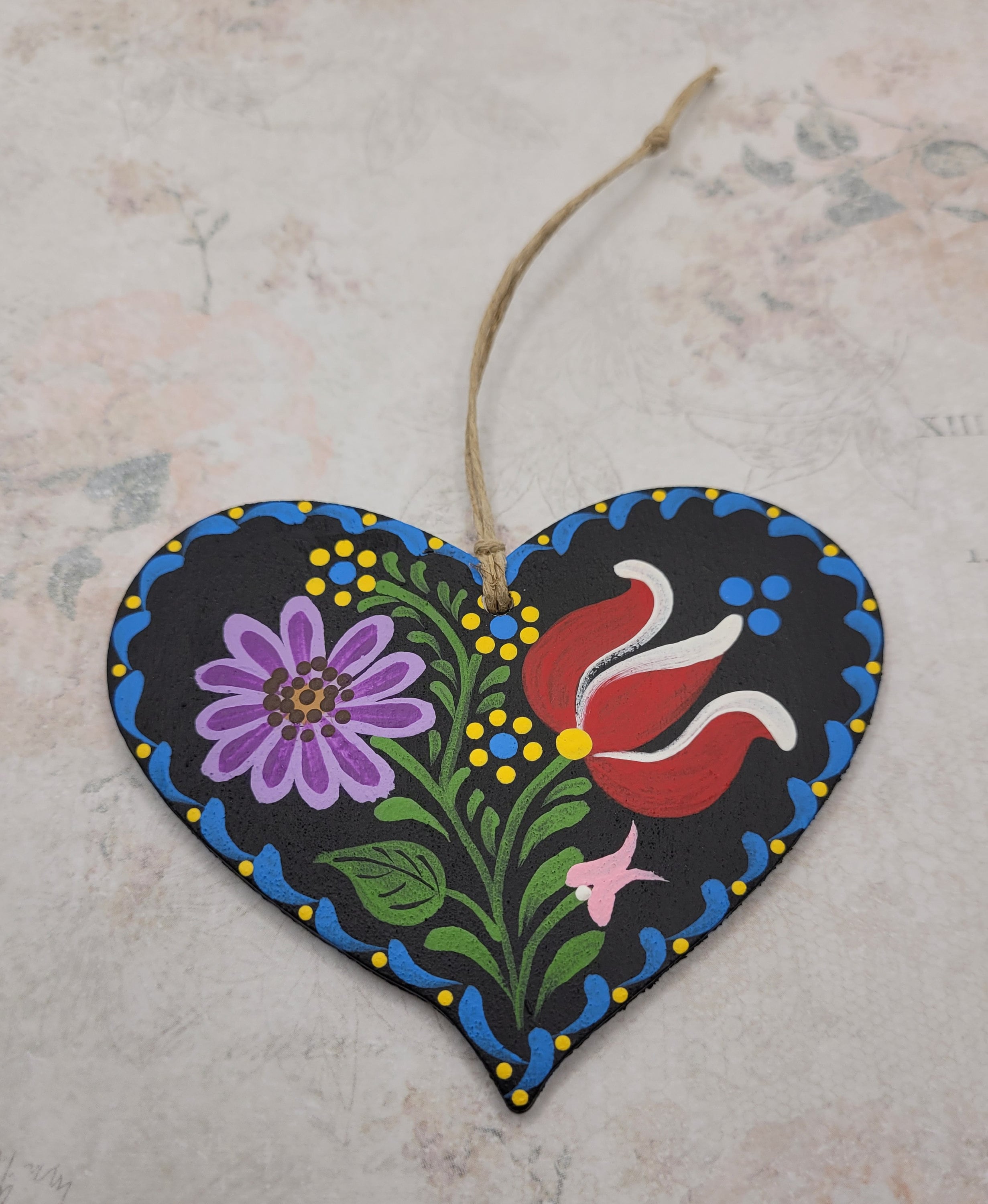 Hand Painted German Folk Art Heart Ornament, Bauernmalerei Wooden
