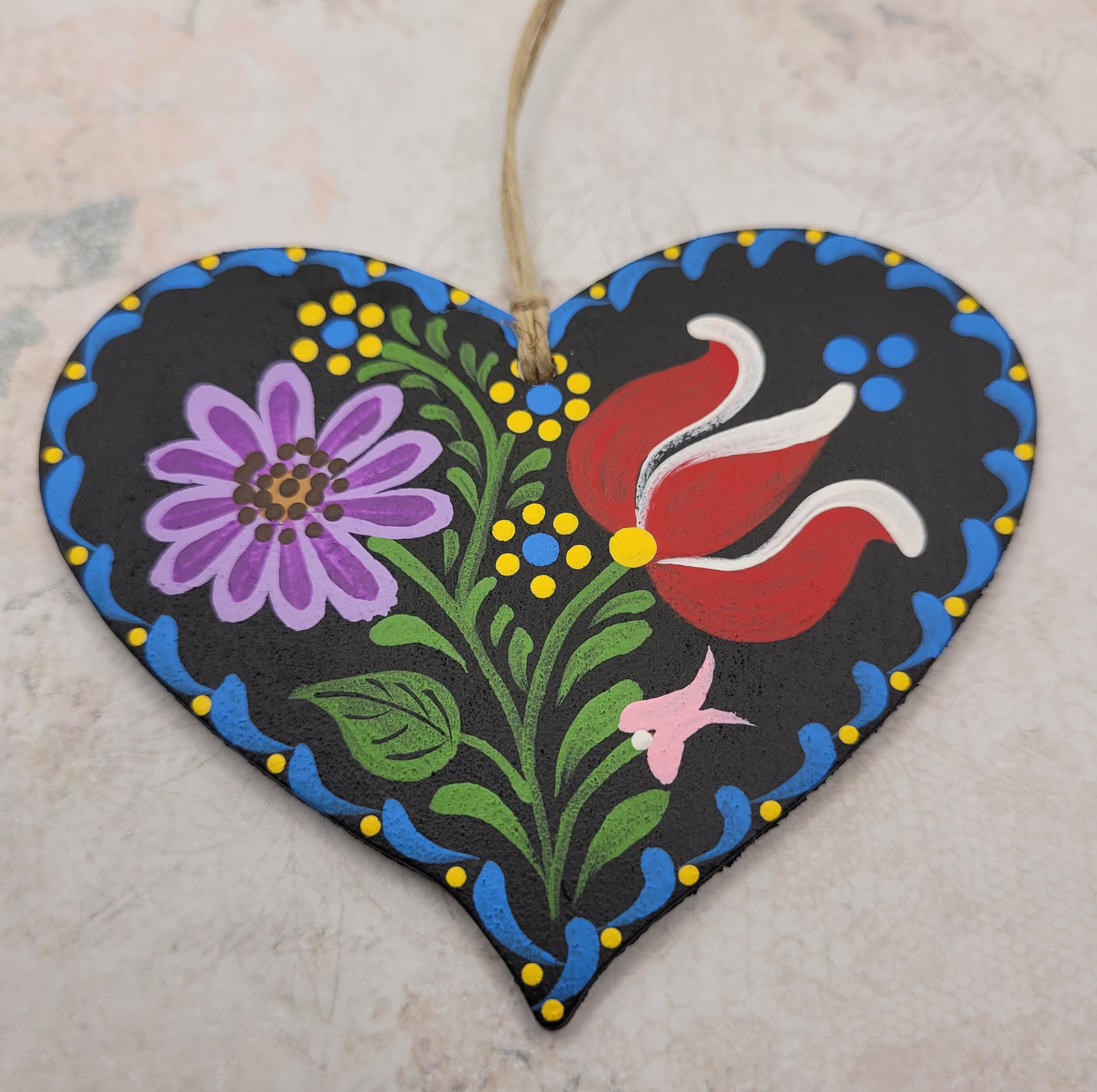 Hand Painted German Folk Art Heart Ornament, Bauernmalerei Wooden