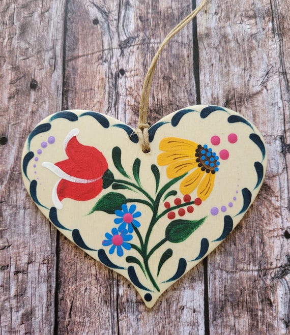 Hand Painted German Folk Art Heart Ornament, Bauernmalerei Wooden