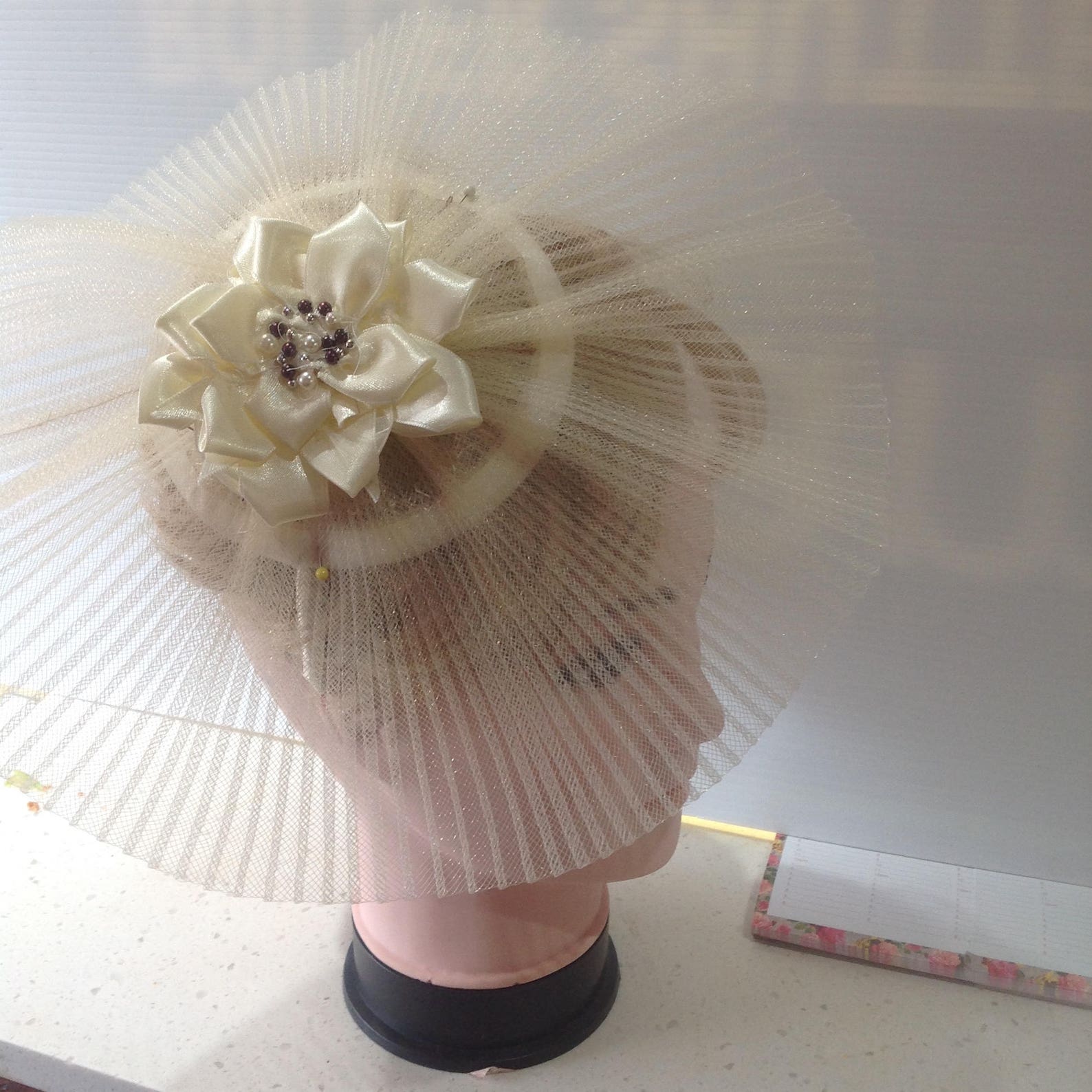 Ivory. pleated crinoline fascinator on a sinnamay base on a Etsy