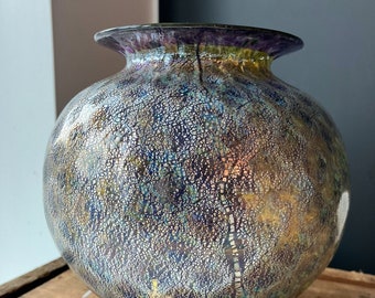 Pineapple textured hand blown glass vase in purple with pure silver leaf