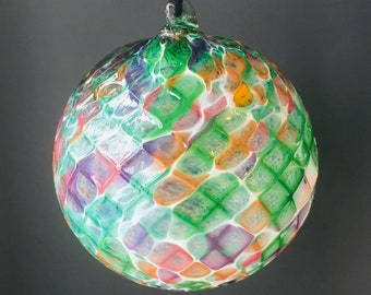 Hand Blown Glass Ornament:  Green Blend + White Faceted Sphere