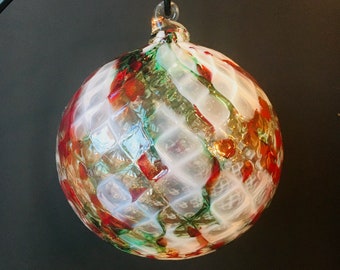 Hand Blown Glass Ornament:  Christmas Holiday Blend Faceted Sphere