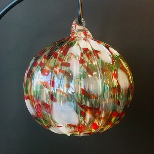 Hand Blown Glass Ornament:  Christmas Holiday Blend Sphere With Vertical Ribs