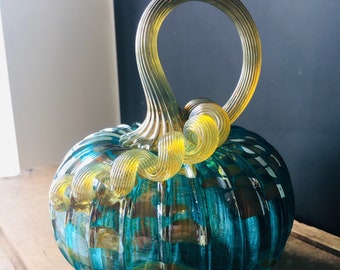 Emerald green + dots hand blown glass pumpkin with iridescent gold stem