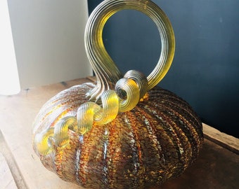 Moss low hand blown glass pumpkin with iridescent gold stem