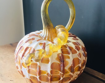 White + amber dots hand blown glass pumpkin with iridescent gold stem