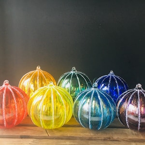 Hand Blown Glass Christmas Ornament:  Rainbow jewel tone snowball ornaments
