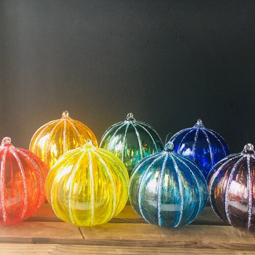 Hand Blown Glass Ornament Rainbow Jewel Tone Snowball Etsy