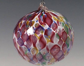 Hand Blown Glass Ornament:  Pink Blend and White Faceted Sphere